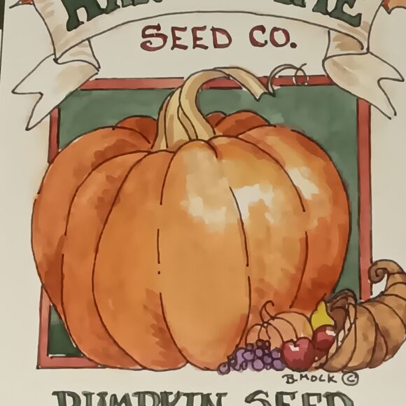 VTG Barbara Mock Pumpkin Print Matted  Framed Green Orange Black & White Checks - Picture 7 of 16